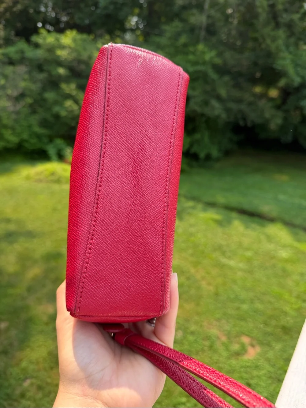 Coach Red Crossgrain Leather Cosmetic Case Makeup Bag Wristlet Zip Pouch